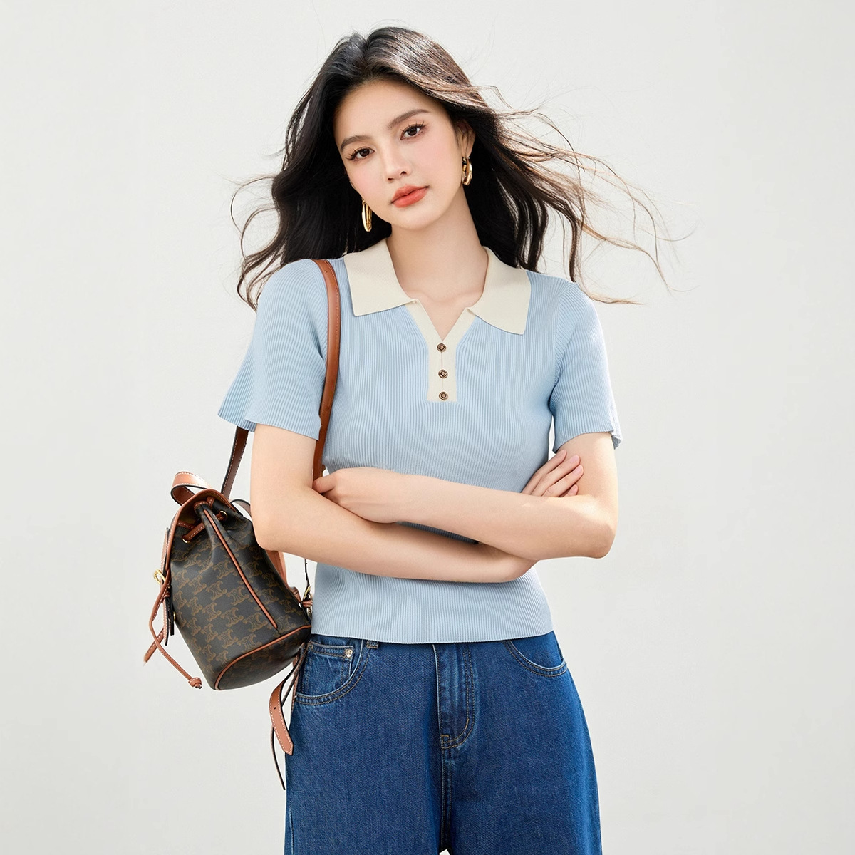 レディース ポロシャツ 配色襟リブニットポロシャツ