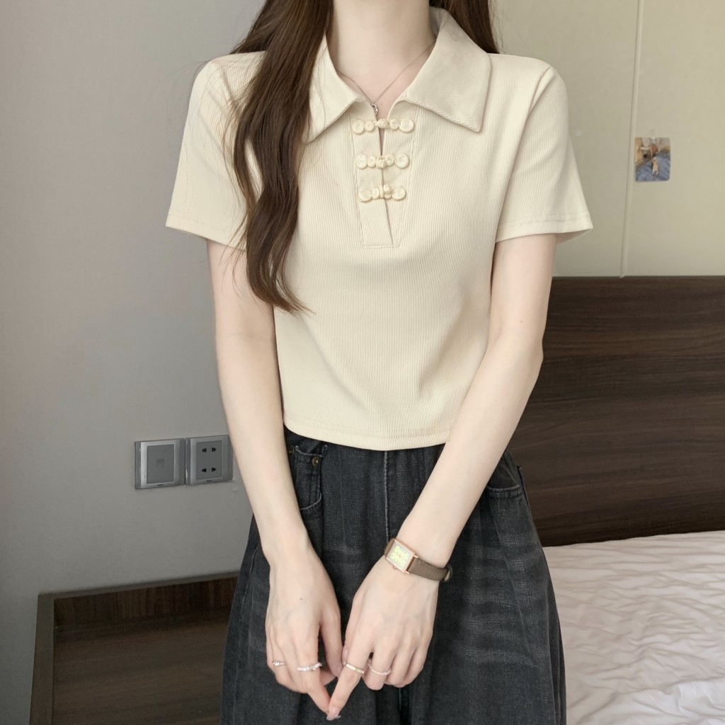 レディース ポロシャツ 編み上げデザインリブ素材襟付き半袖トップス