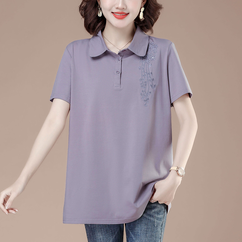 レディース ポロシャツ 花刺繍デザイン襟付きゆったりシルエットトップス