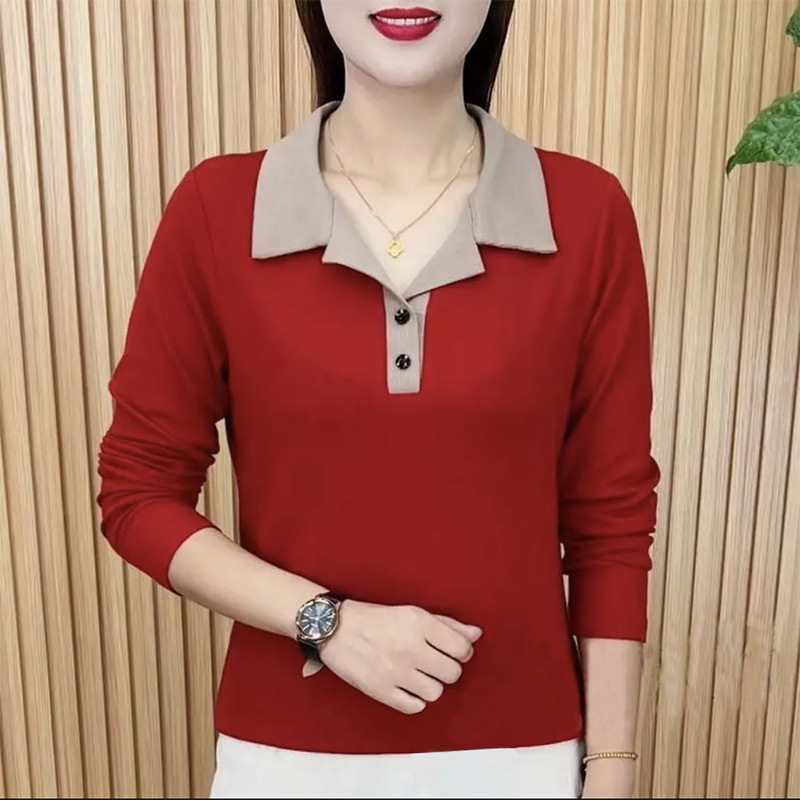 レディース ポロシャツ 配色襟デザイン長袖ポロシャツ