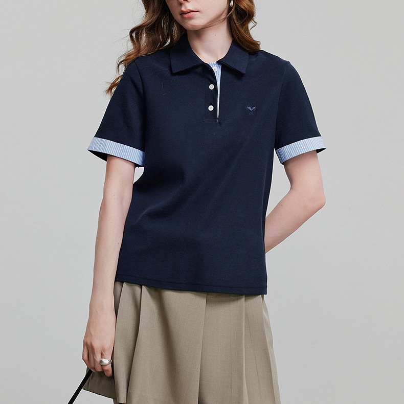 レディース ポロシャツ ストライプ切替えワンポイント刺繍ポロシャツ