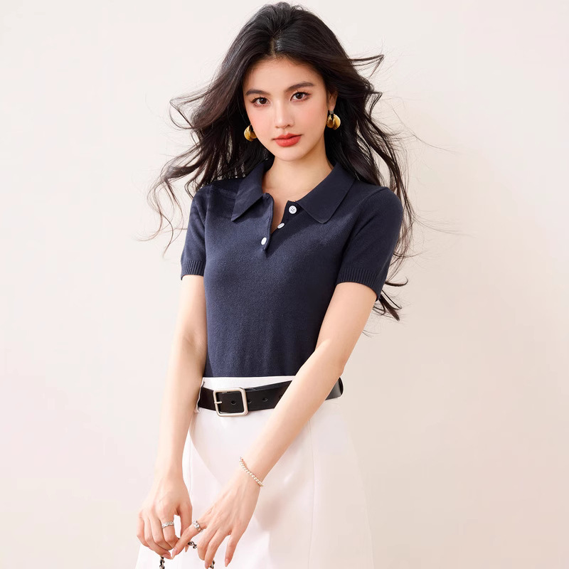 レディース ポロシャツ ニット素材襟付きボタンデザイン半袖トップス