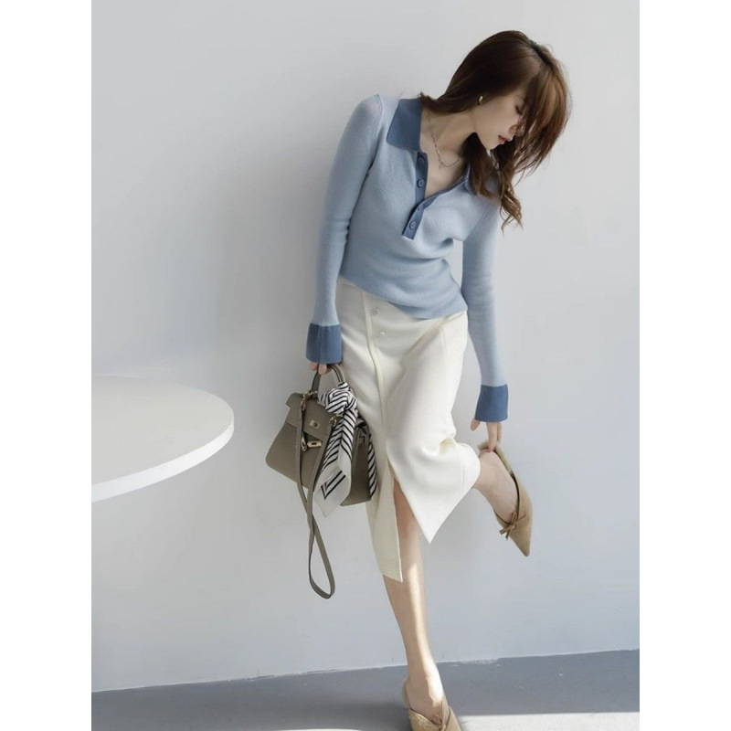 レディース ポロシャツ 配色切替デザイン襟付きニットポロシャツ長袖