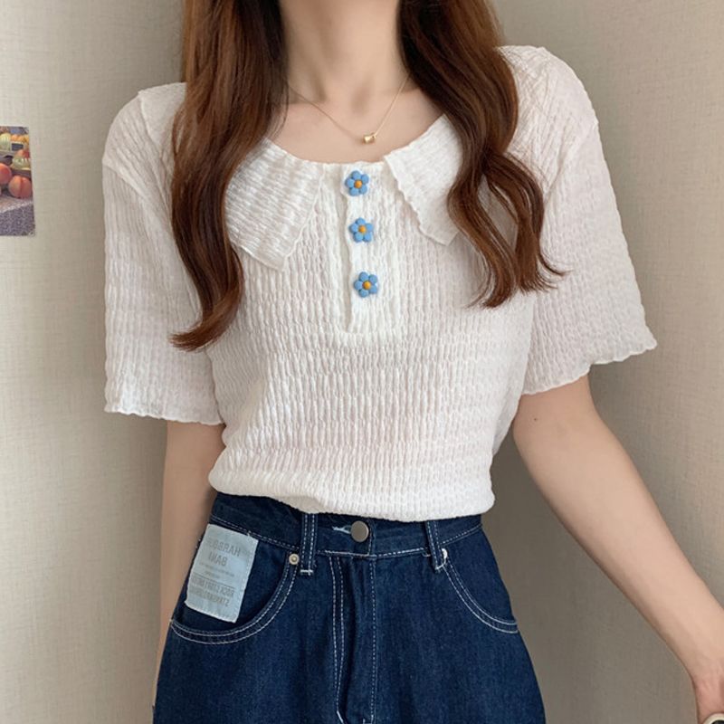 レディース ポロシャツ 花モチーフボタン襟付きニット風半袖トップス