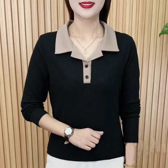 レディース ポロシャツ 配色襟デザイン長袖ポロシャツ