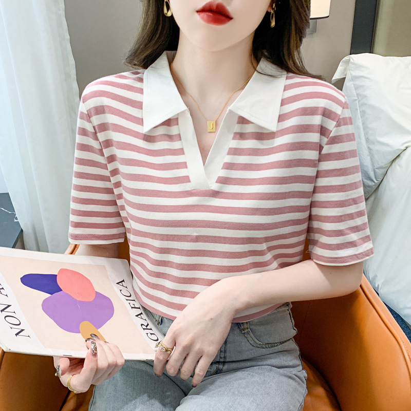 レディース ポロシャツ マリンボーダー柄開襟デザイン半袖ポロシャツ