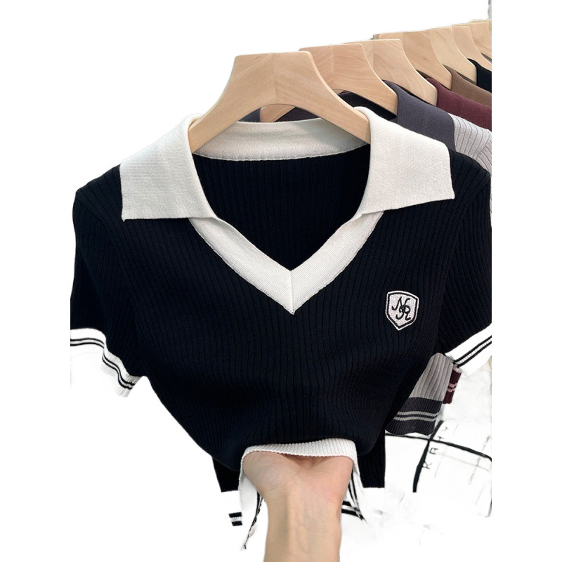 レディース ポロシャツ 配色リブニット襟付き半袖プルオーバートップス