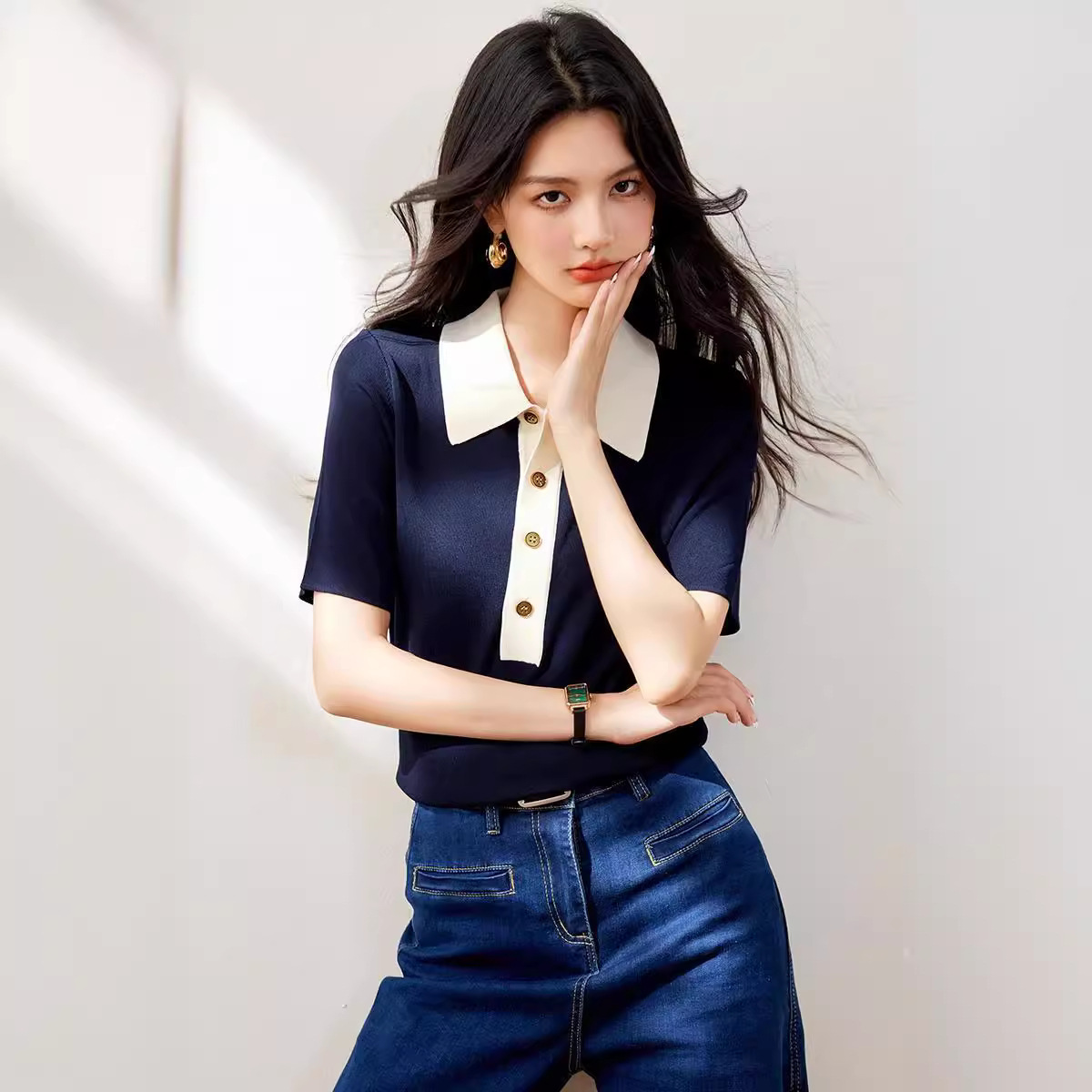 レディース ポロシャツ 配色襟デザイン半袖ポロシャツ