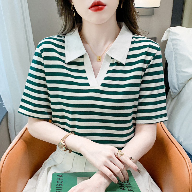 レディース ポロシャツ マリンボーダー柄開襟デザイン半袖ポロシャツ