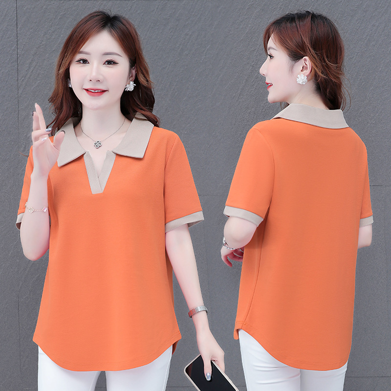 レディース ポロシャツ 配色襟がおしゃれなゆったりレディース半袖ポロシャツ
