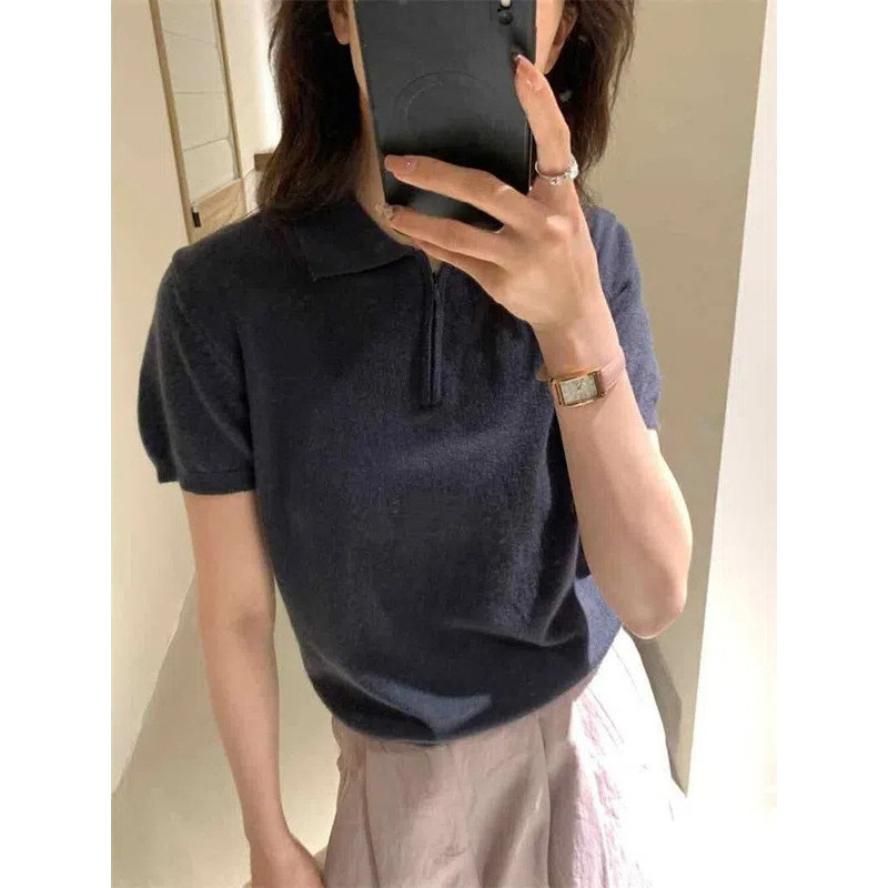 レディース ポロシャツ 襟付きニットポロシャツ半袖配色パイピングデザイン