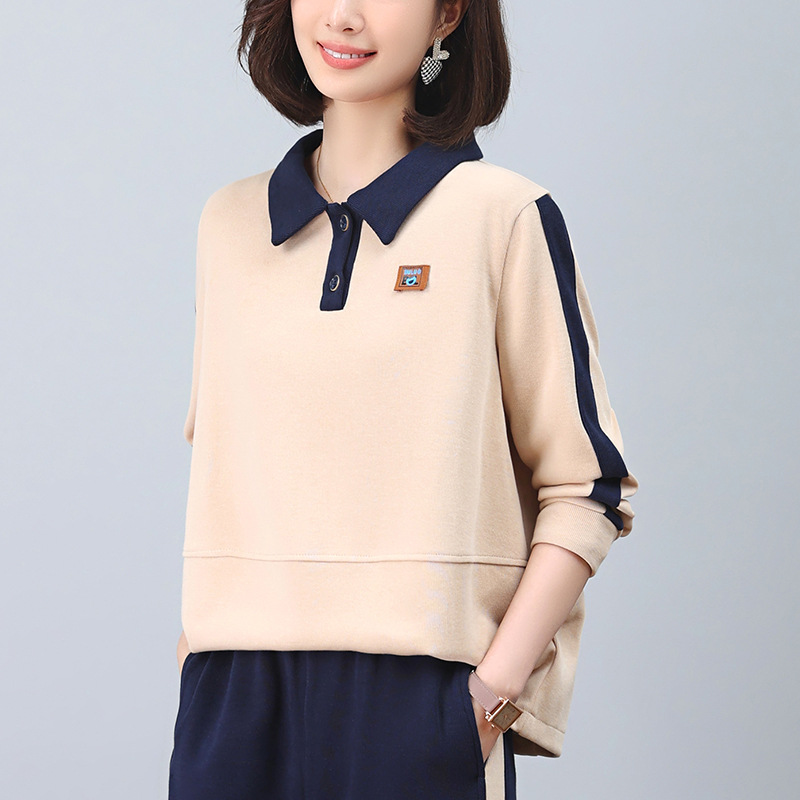 レディース ポロシャツ 配色ライン入りリボン付き襟デザイントップス