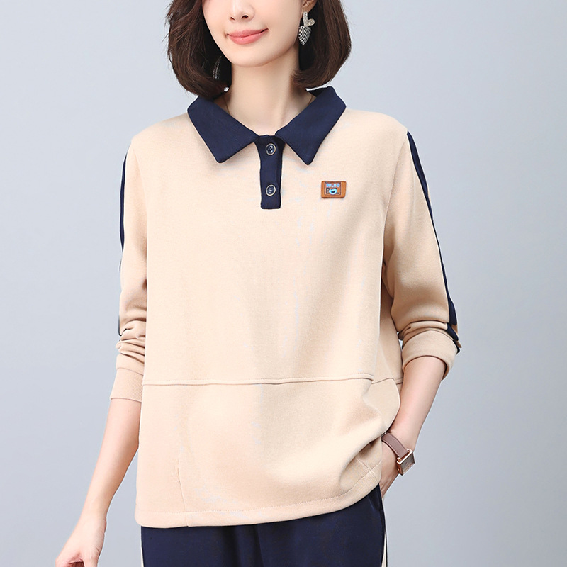 レディース ポロシャツ 配色ライン入りリボン付き襟デザイントップス