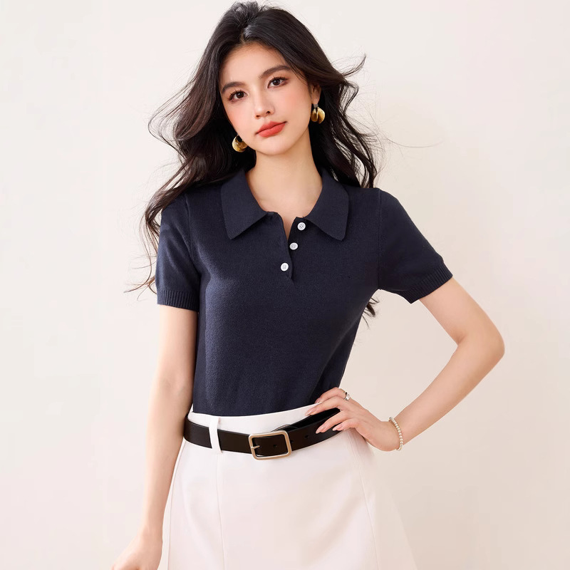 レディース ポロシャツ ニット素材襟付きボタンデザイン半袖トップス