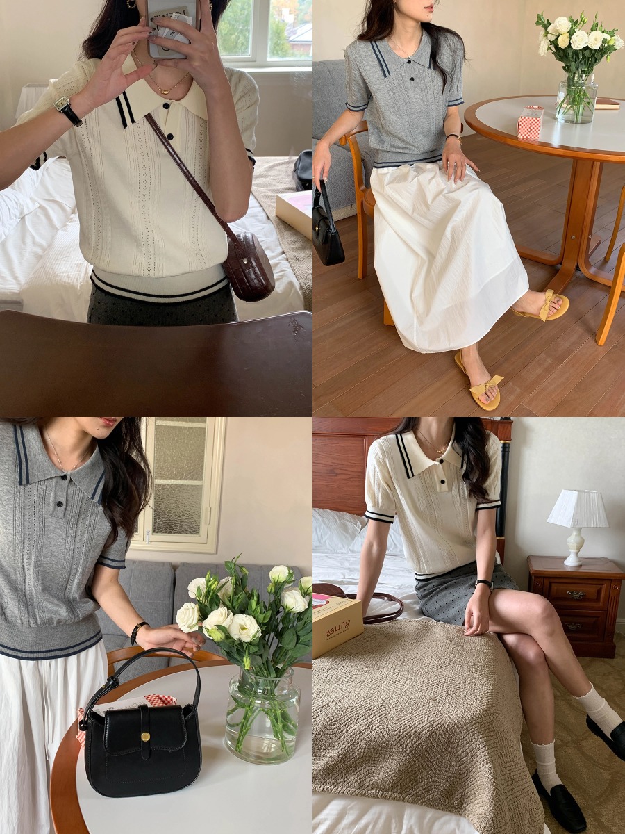 レディース ポロシャツ 配色ライン入りケーブル編みニットポロシャツ