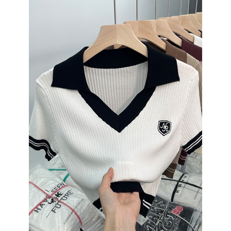 レディース ポロシャツ 配色リブニット襟付き半袖プルオーバートップス