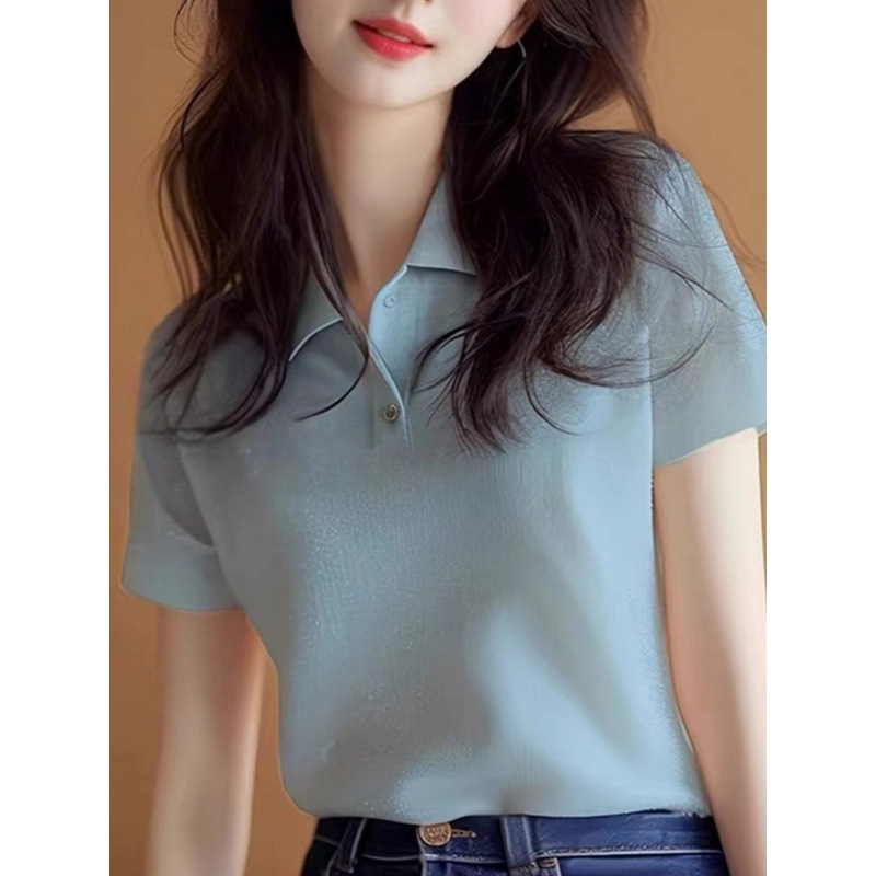 レディース ポロシャツ 上品ニット素材の配色襟デザイン半袖ポロシャツ