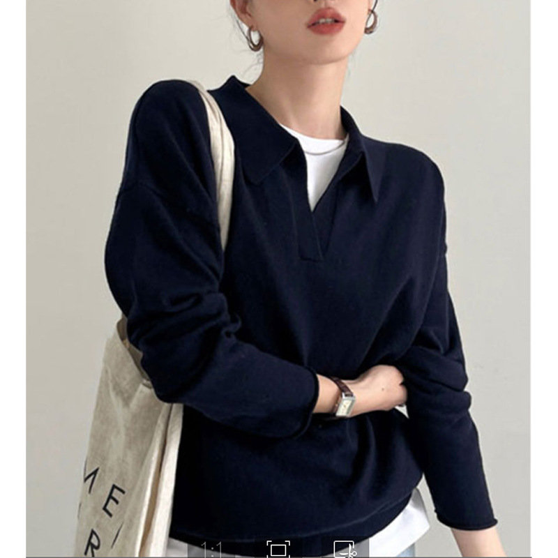 レディース ポロシャツ 開襟デザイン長袖ニットポロシャツ