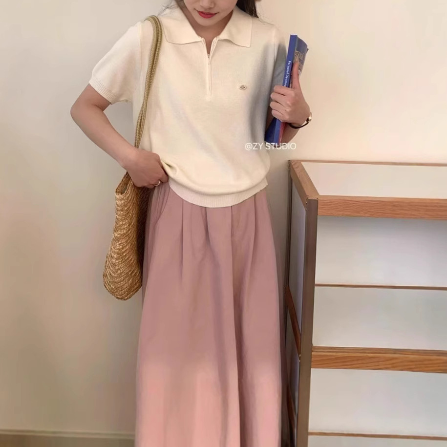 レディース ポロシャツ ニット素材の襟付き半袖ポロシャツ