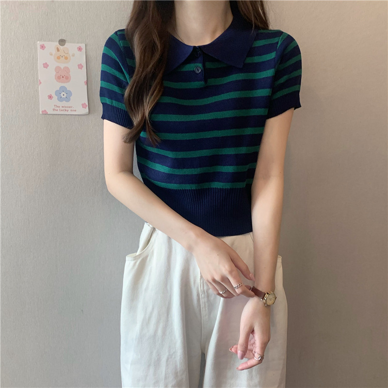 レディース ポロシャツ ボーダー柄ニットポロシャツ裾リブデザイントップス