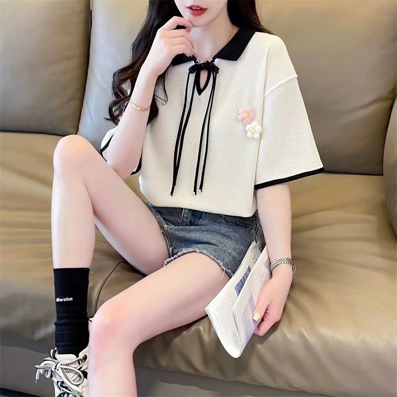 レディース ポロシャツ お花モチーフ付きリボン結び半袖ポロシャツニット