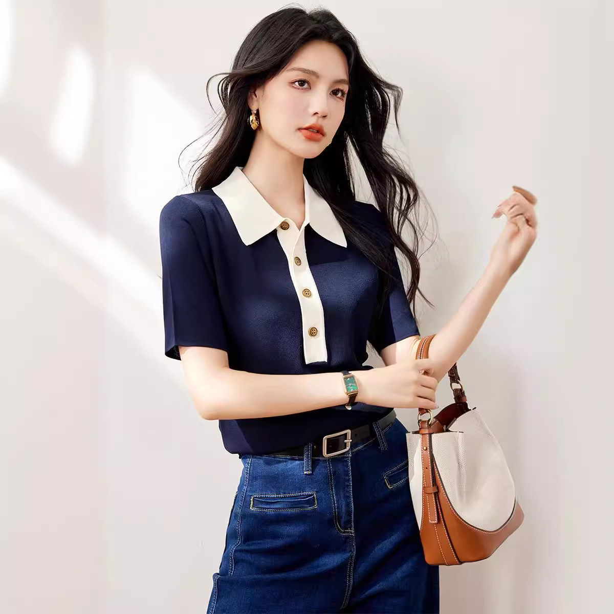 レディース ポロシャツ 配色襟デザイン半袖ポロシャツ