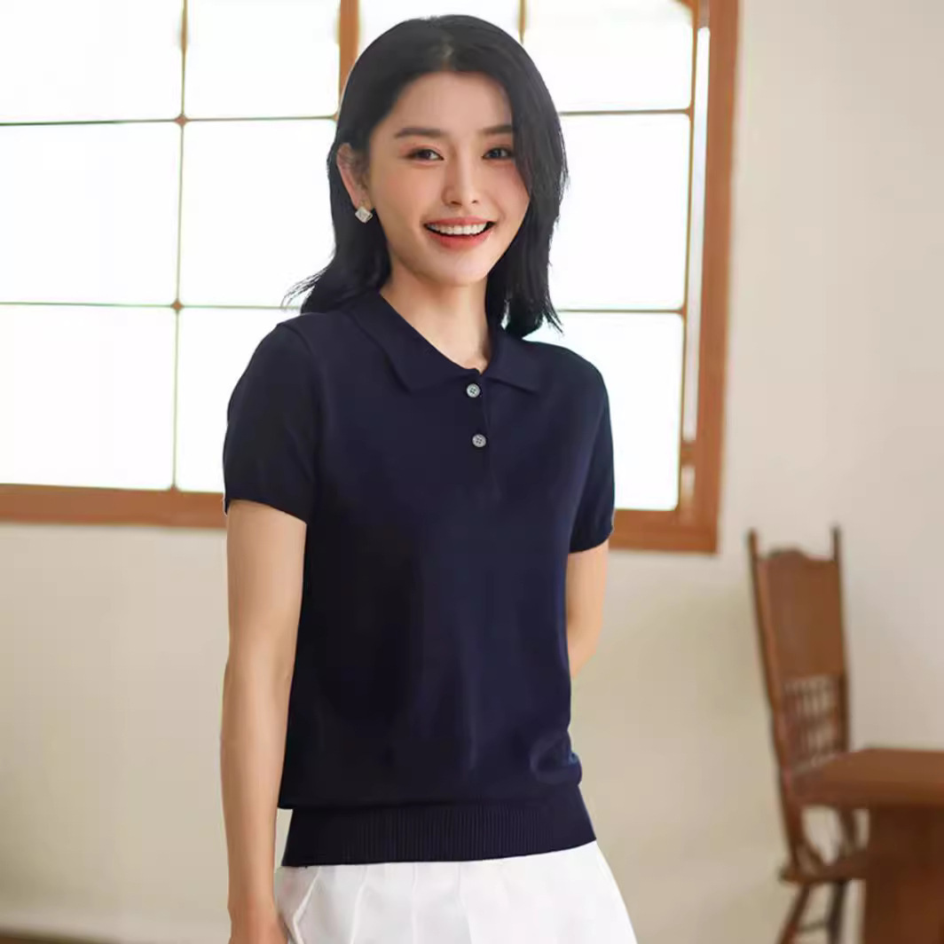レディース ポロシャツ 上品ニット素材の襟付き半袖ポロシャツ