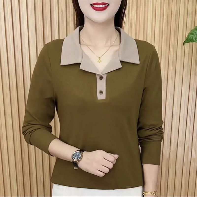 レディース ポロシャツ 配色襟デザイン長袖ポロシャツ