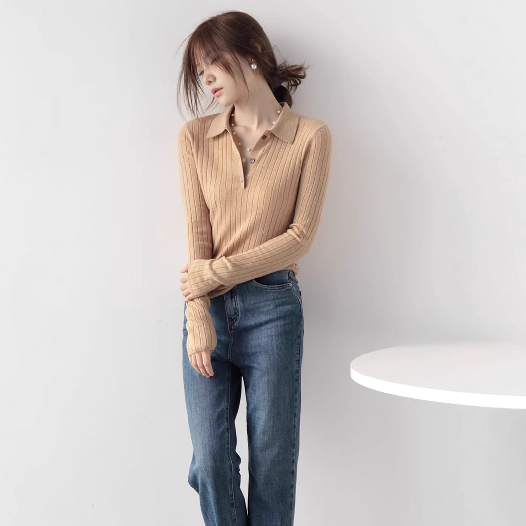 レディース ポロシャツ 縦リブ編み襟付き長袖ニットポロ