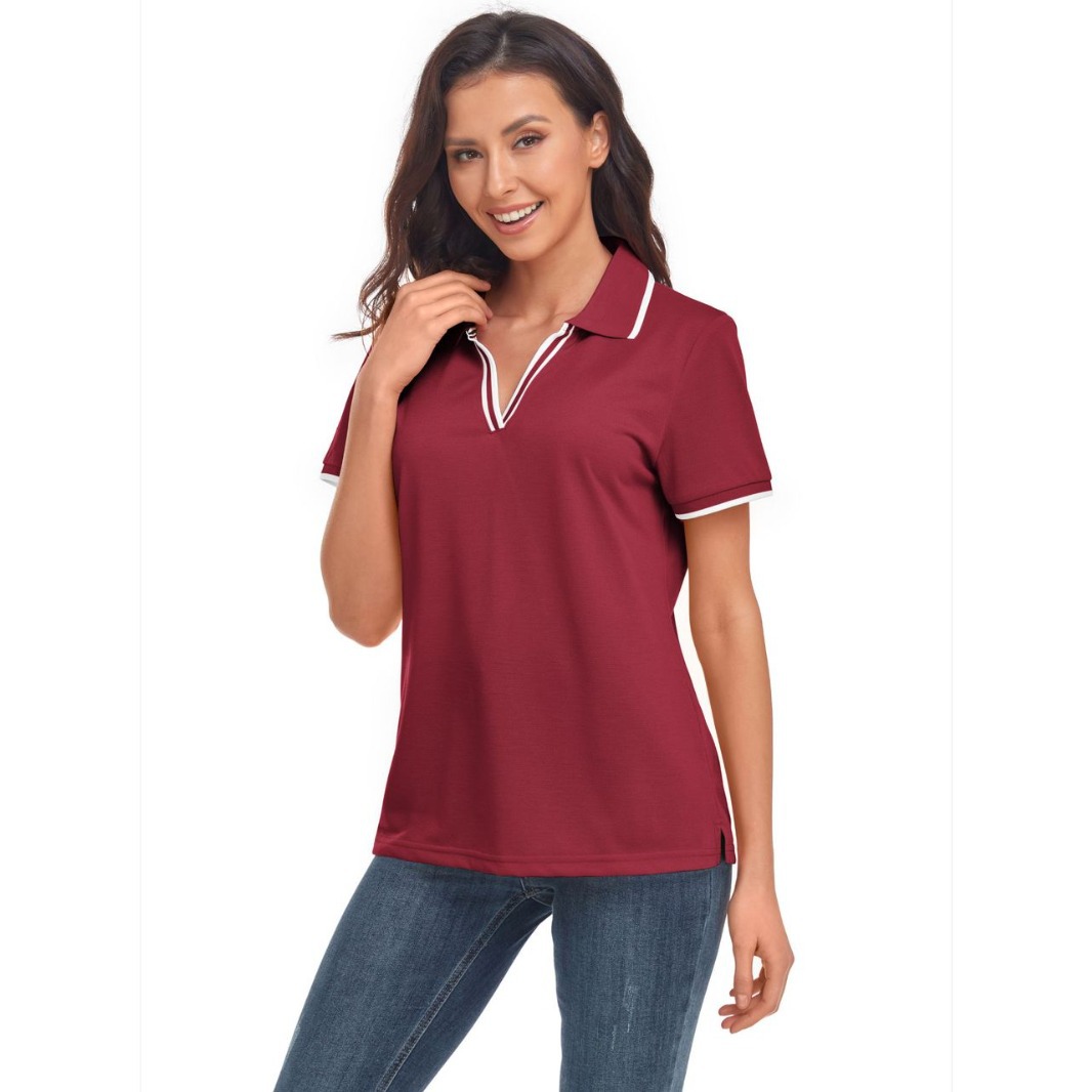 レディース ポロシャツ 配色ラインが映えるスポーティ鹿の子半袖ポロシャツ