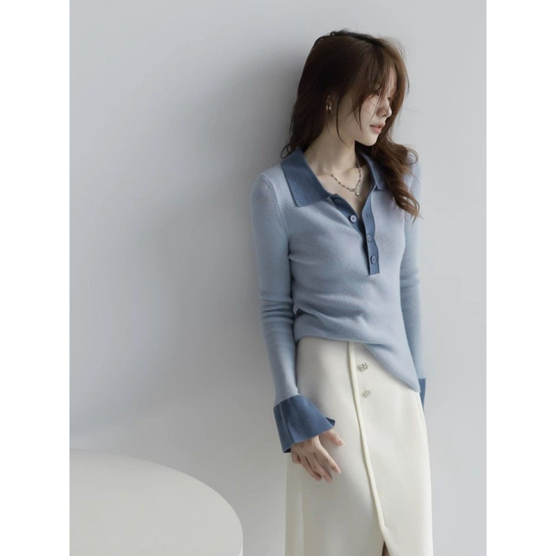 レディース ポロシャツ 配色切替デザイン襟付きニットポロシャツ長袖