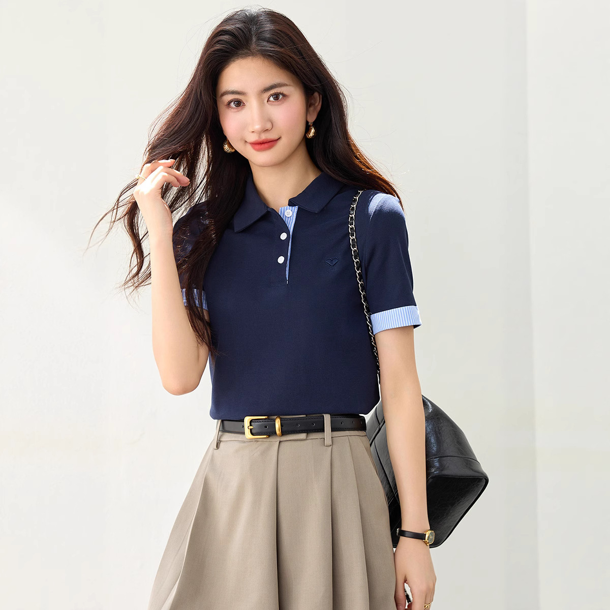 レディース ポロシャツ 配色ハート刺繍入りストライプ袖口半袖ポロシャツ