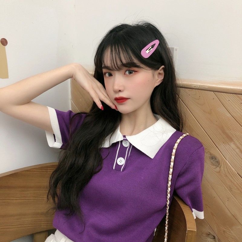 レディース ポロシャツ 配色襟デザイン半袖ニットポロシャツ