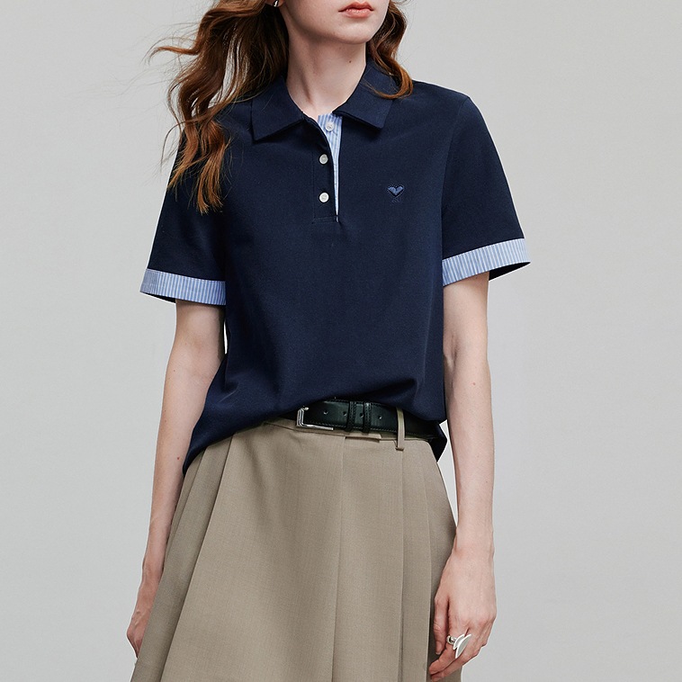 レディース ポロシャツ ストライプ切替えワンポイント刺繍ポロシャツ