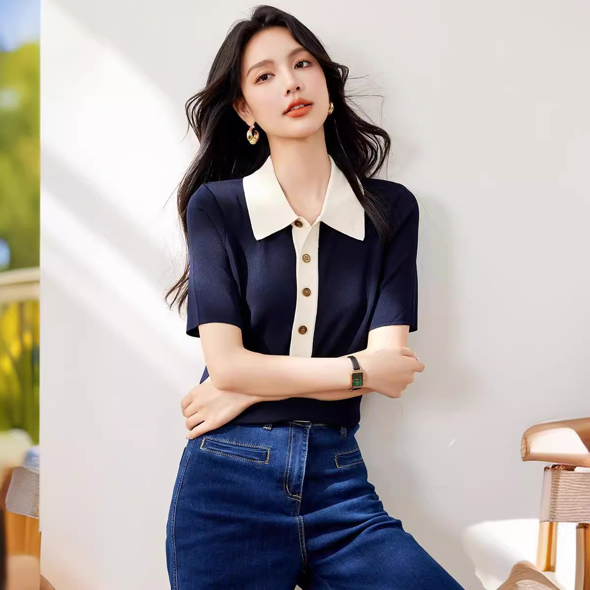 レディース ポロシャツ 配色襟デザイン半袖ポロシャツ