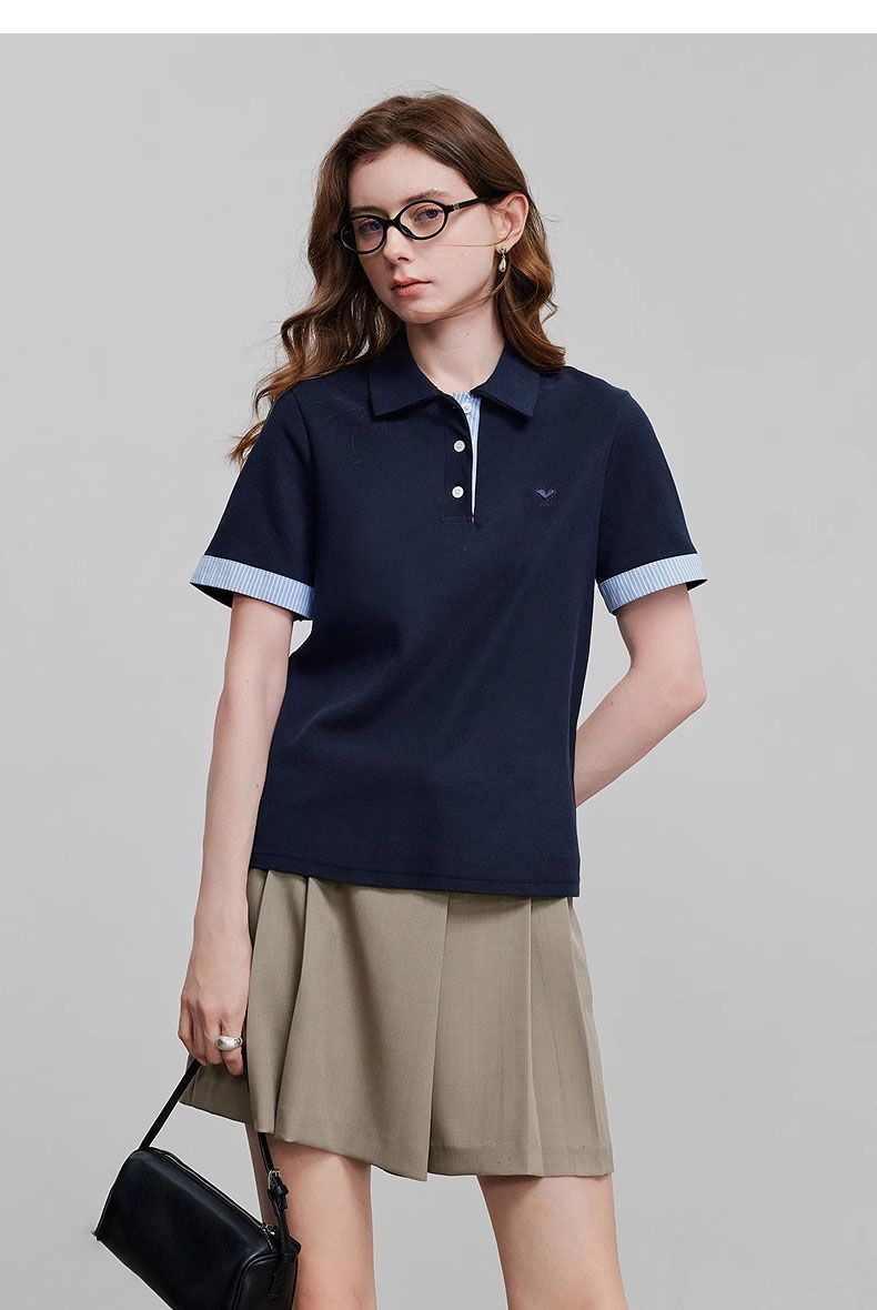 レディース ポロシャツ ストライプ切替えワンポイント刺繍ポロシャツ