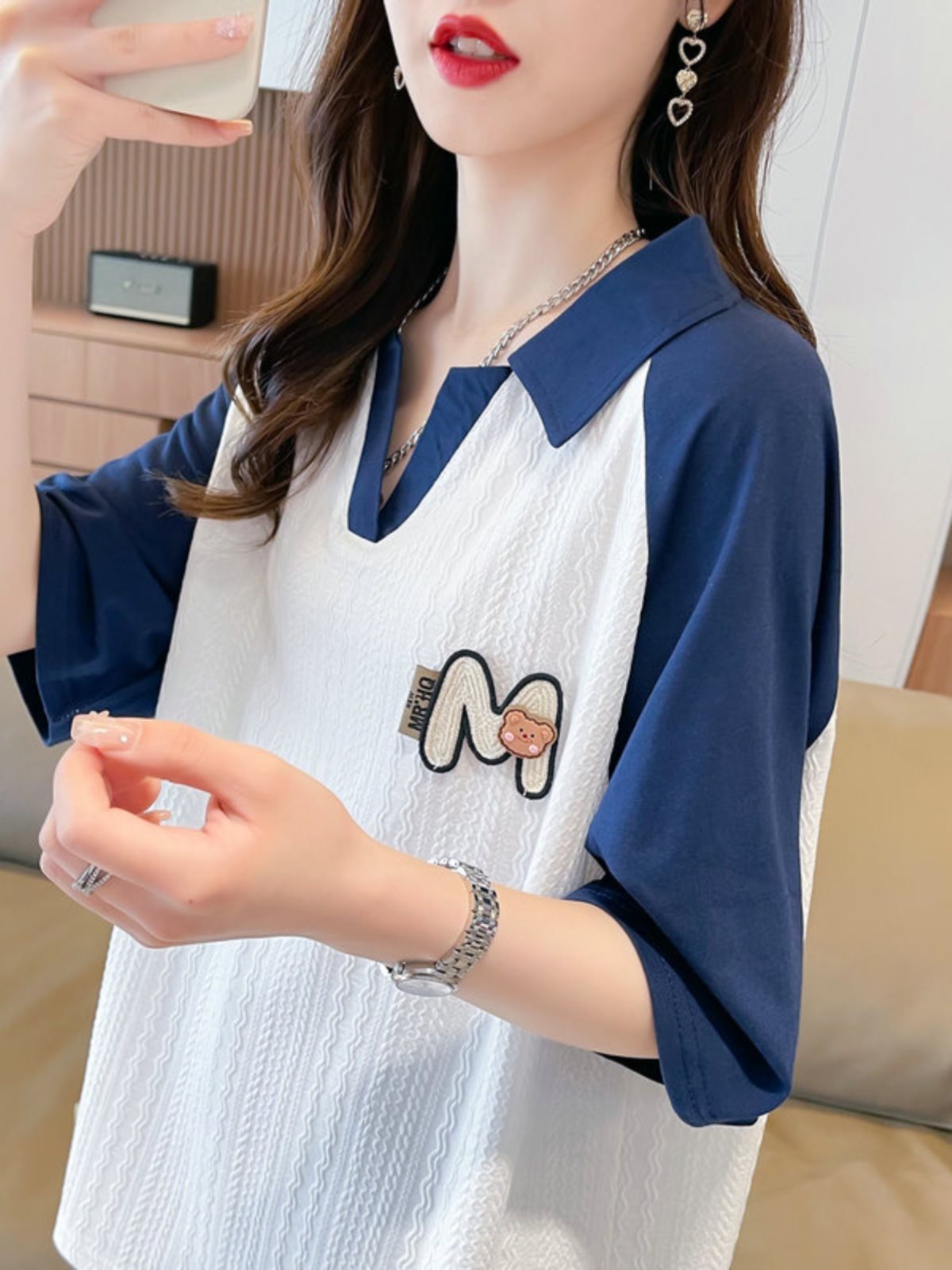 レディース ポロシャツ くまワッペン付き配色切替襟元デザイン半袖トップス