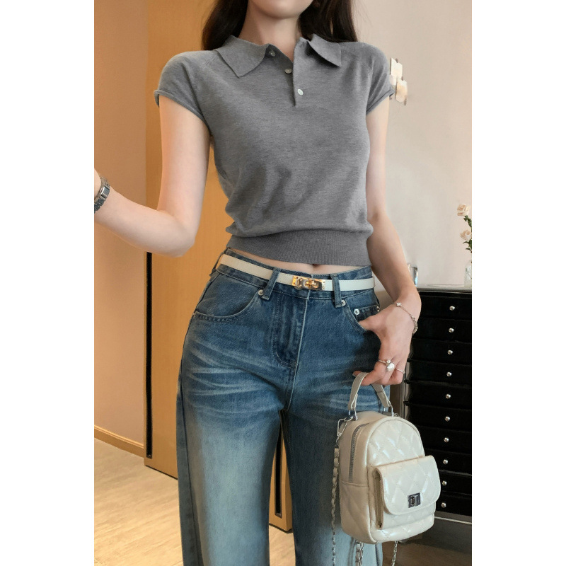 レディース ポロシャツ リブ編み裾デザイン襟付きニットポロシャツ