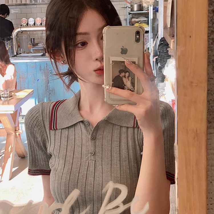 レディース ポロシャツ 配色ライン入りリブ編みニットポロシャツ