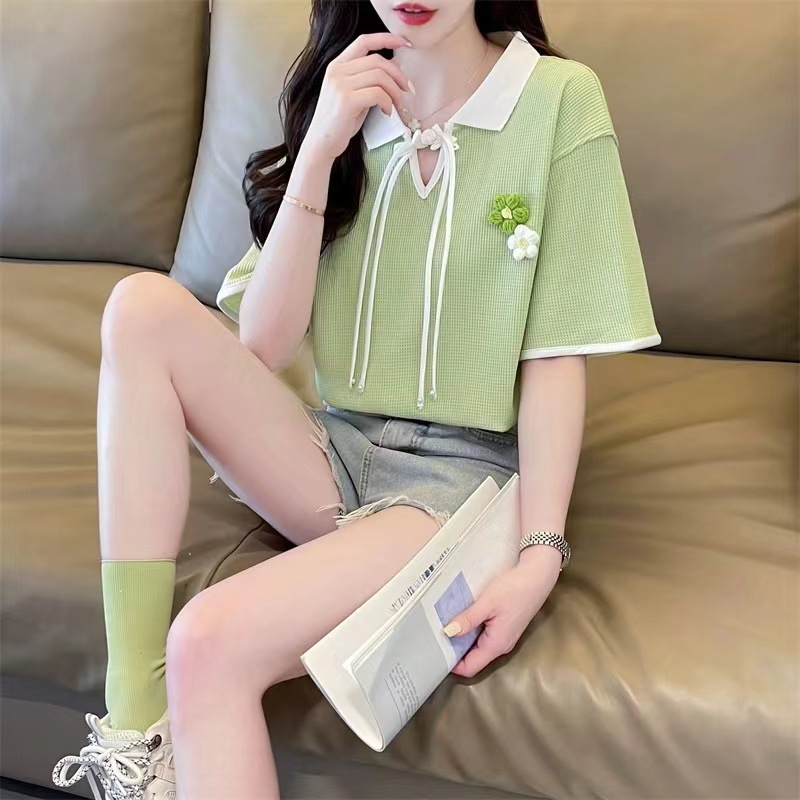 レディース ポロシャツ お花モチーフ付きリボン結び半袖ポロシャツニット