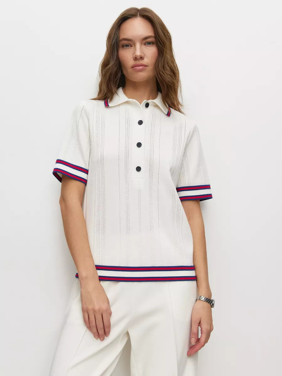 レディース ポロシャツ ニット素材配色ライン入り半袖ポロシャツ