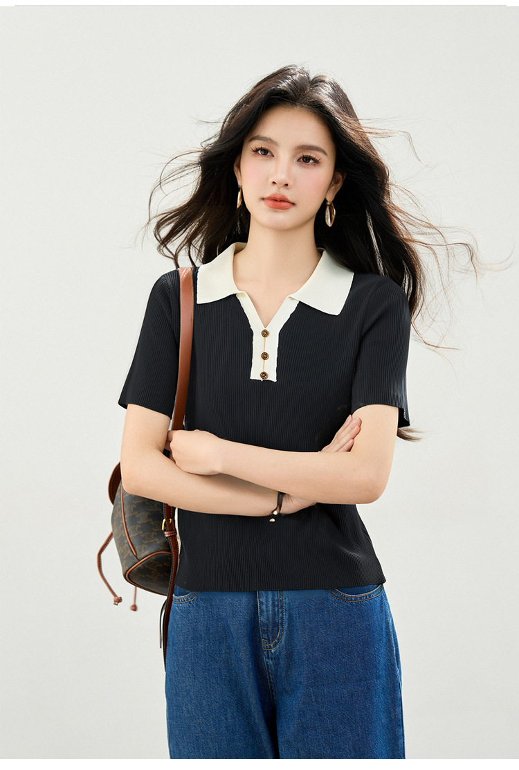レディース ポロシャツ 配色襟リブニット半袖ポロシャツ