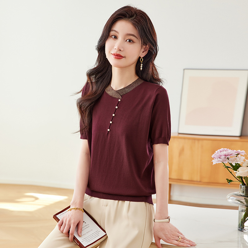 レディース ポロシャツ 上品な襟元装飾付きニット風ポロシャツ