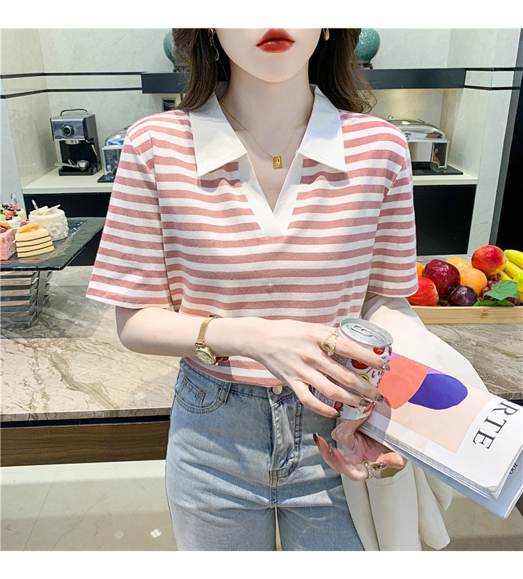 レディース ポロシャツ マリンボーダー柄開襟デザイン半袖ポロシャツ