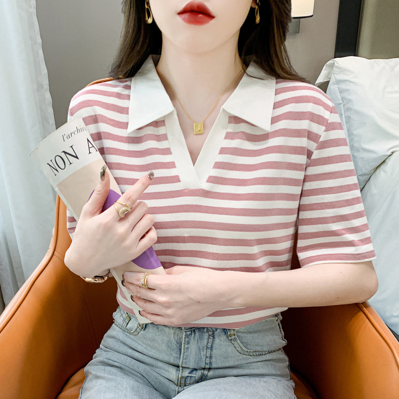 レディース ポロシャツ マリンボーダー柄開襟デザイン半袖ポロシャツ