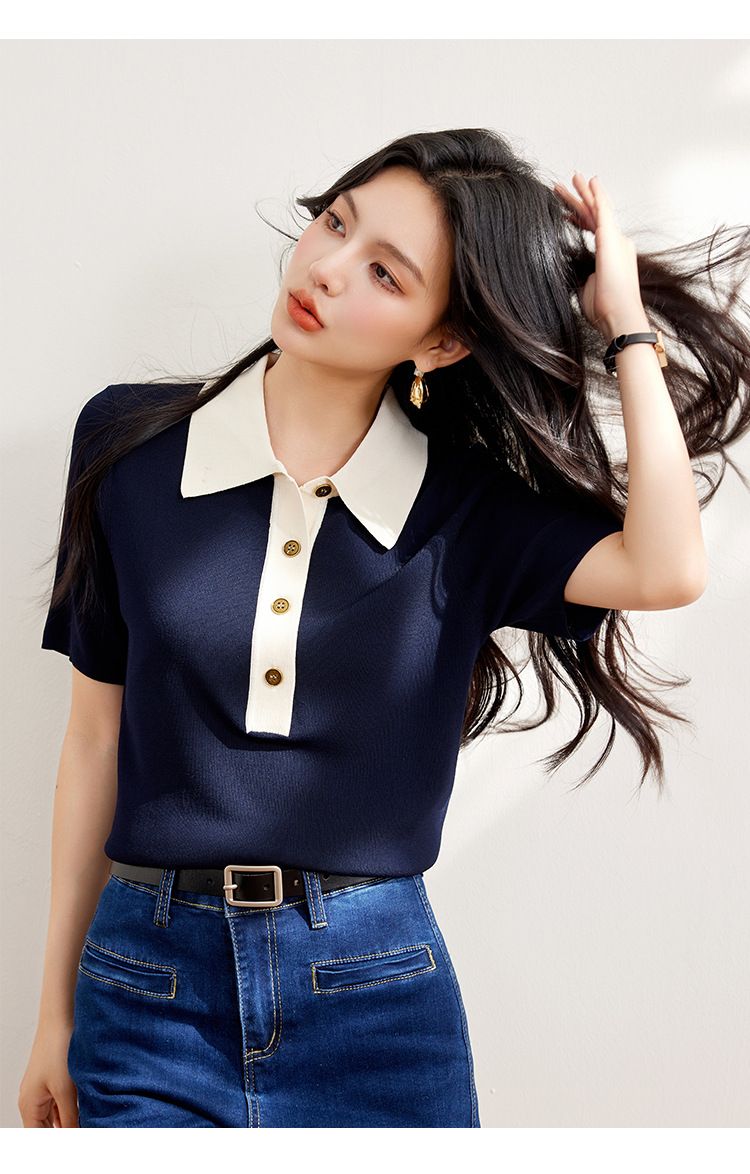 レディース ポロシャツ 配色襟デザイン半袖ポロシャツ