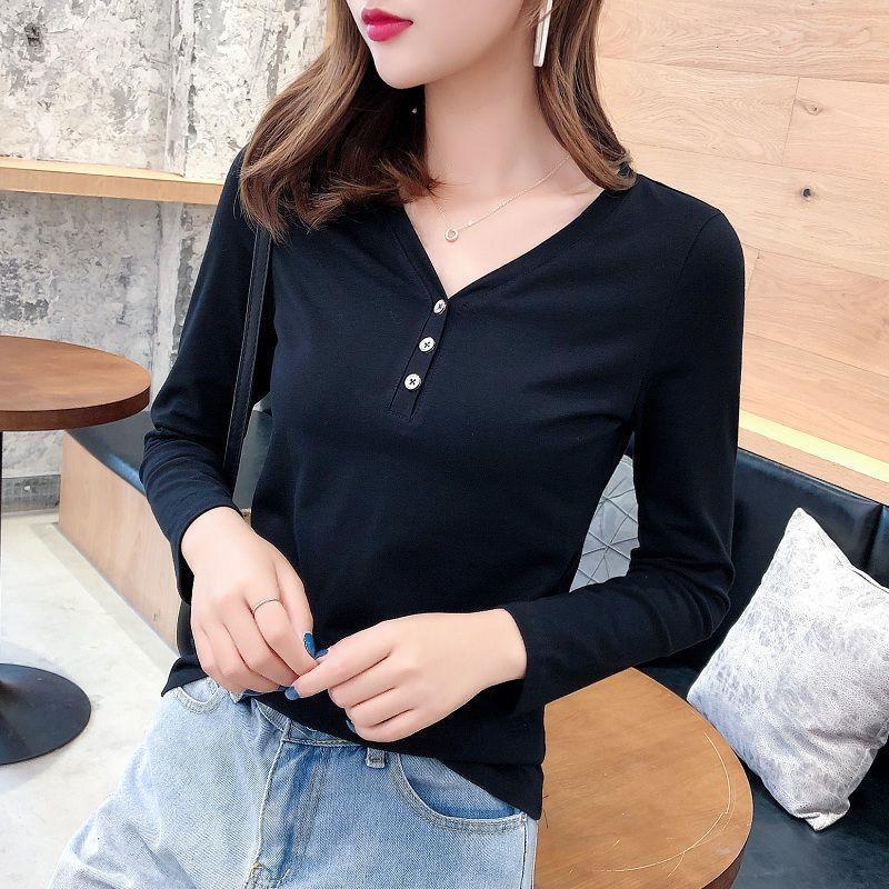 レディース ポロシャツ 深襟ボタン付きシンプル長袖トップス