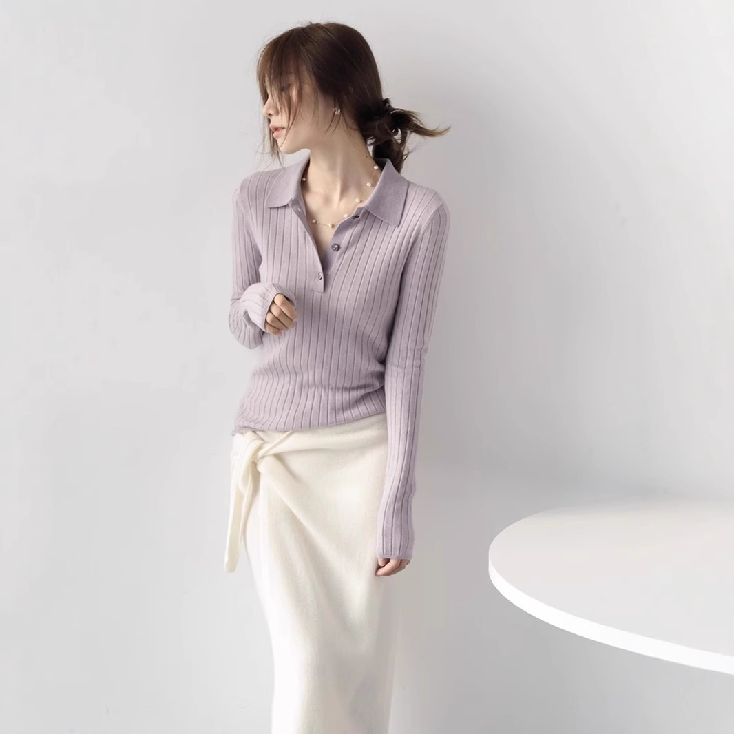 レディース ポロシャツ 縦リブ編み襟付き長袖ニットポロ