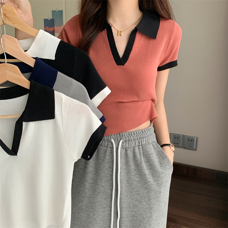 レディース ポロシャツ 配色デザイン襟付きニットポロシャツ半袖