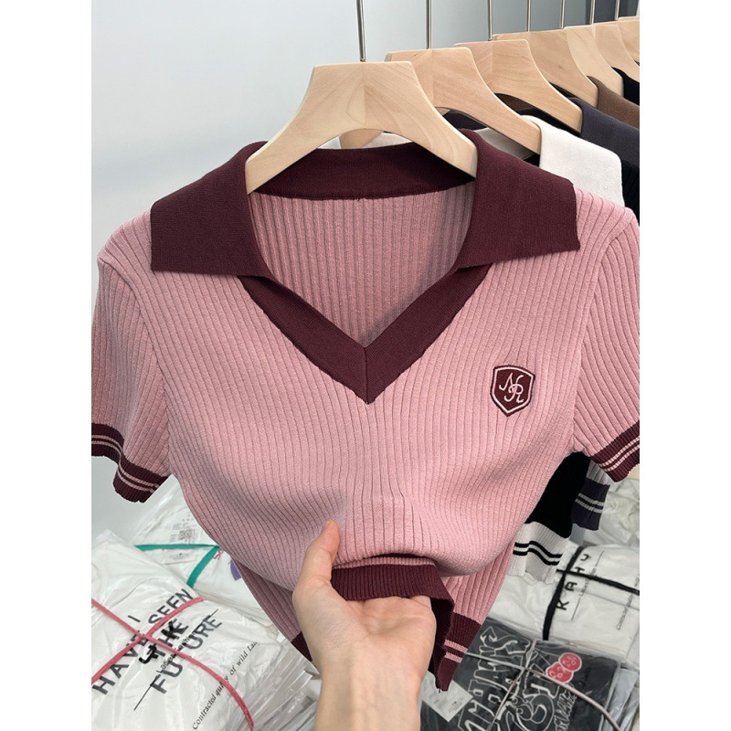 レディース ポロシャツ 配色リブニット襟付き半袖プルオーバートップス